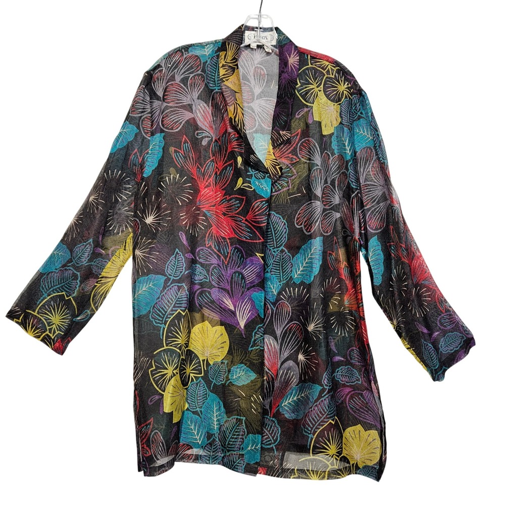 Womens Floral 100%‎ Silk Sheer Open Front Cardogan Top 12 Artsy Kimono Duster